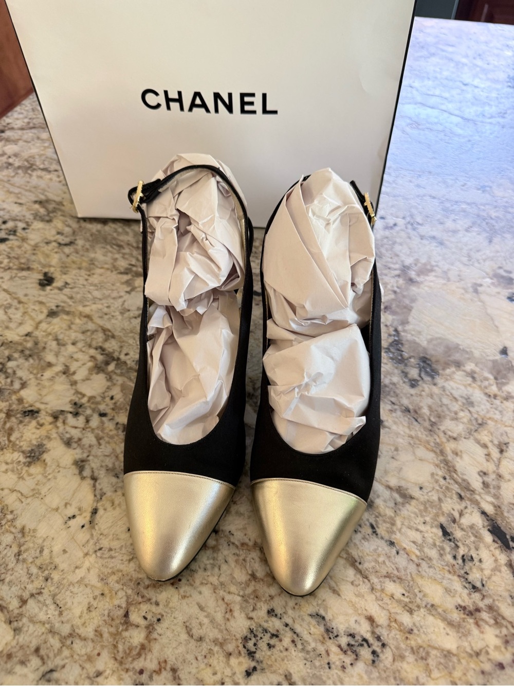 CHANEL Black and Gold Pointed Toe Slingback Heels
